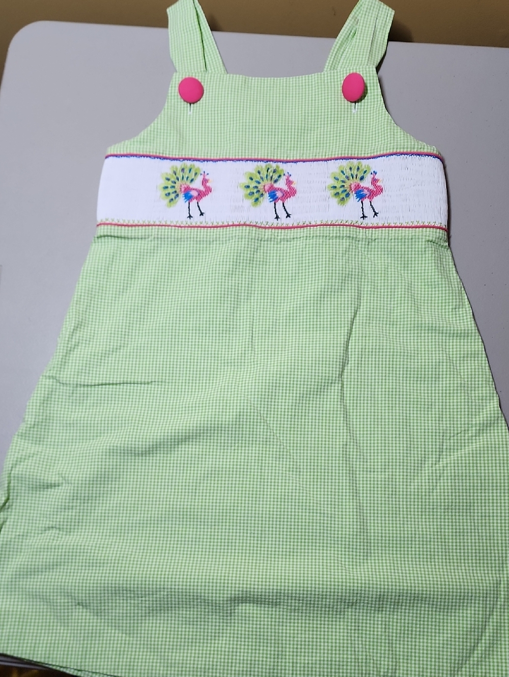 Girls' Light Green Smocked Dress with Pink Button Accents